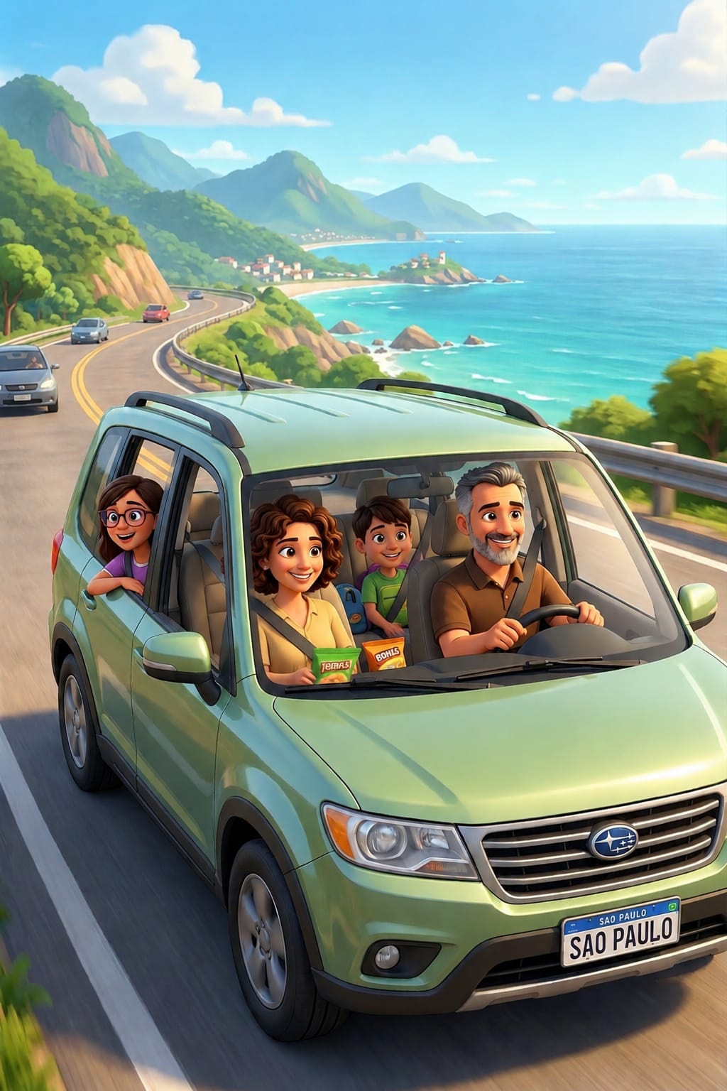 Família viajando de carro pela estrada litorânea